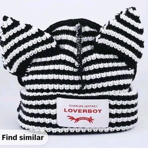 Black and White Striped Cat Ears Beanie LOVER BOY HAT